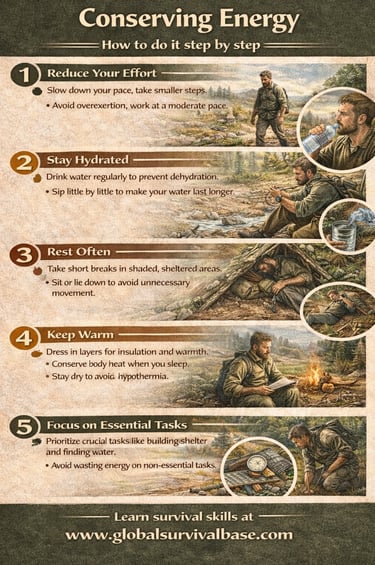 energy conservation survival tips infographic showing how to preserve energy in crisis situations