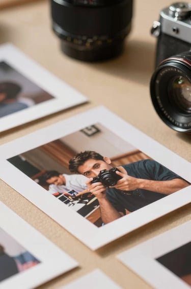 A close-up photograph of a photographer's workspace in North America, featuring printed candid shots and a vintage camera. Sun-drenched lighting pours over a Soft Sand surface, creating a professional and warm storytelling vibe.