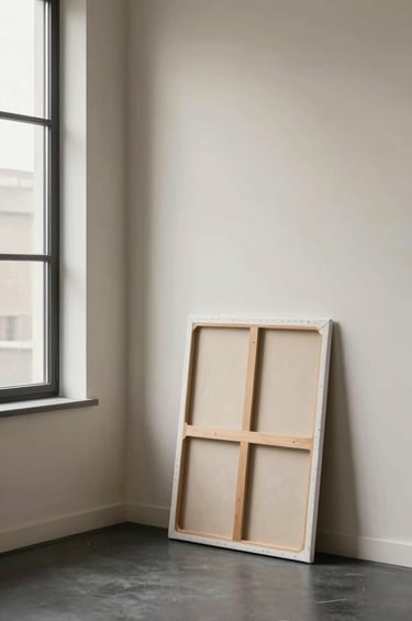 An atmospheric, professional photograph of a corner in a modern, minimalist art studio. A large window casts soft light on a clean cream wall and a dark charcoal floor. A single finished canvas is neatly leaned against the wall, capturing a serene and approachable creative atmosphere.