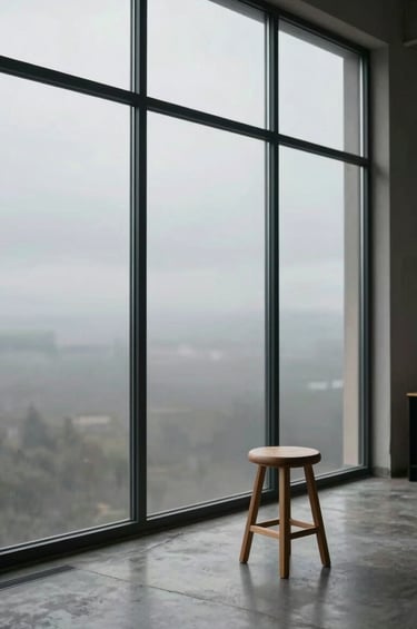An editorial interior photograph of a quiet photography studio in Europe. Large floor-to-ceiling windows with thin black frames reveal a soft gray sky. Inside, a single wooden stool sits on a polished concrete floor. The atmosphere is calm, intentional, and curated.