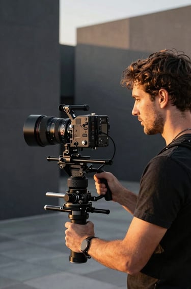 A professional cinematographer working in a modern North American / US architectural setting. They are using a carbon fiber gimbal under the warm, antique gold glow of the golden hour. The background features charcoal grey geometric structures, evoking a sense of premium, visually driven storytelling.