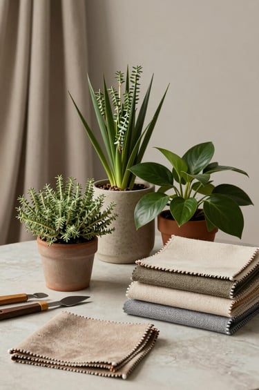 Natureza morta de ferramentas de design de interiores, amostras de tecidos em tons de bege acinzentado e verde sálvia, e plantas arquitetônicas sobre uma mesa limpa em um estúdio sul-americano, iluminação profissional suave.