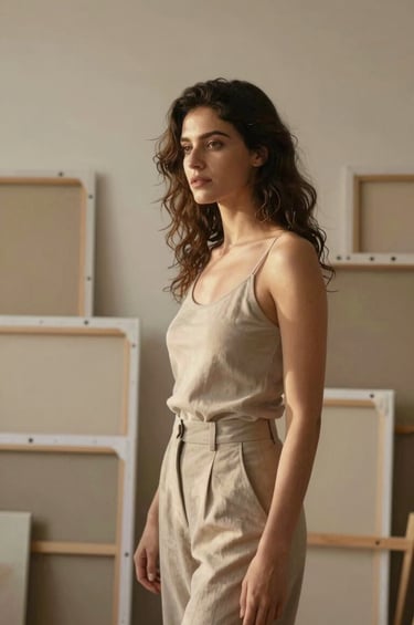 An intimate, soulful portrait of a woman with an artistic presence, standing in a sun-drenched studio. She is surrounded by canvases in various shades of Warm Sandy Taupe and Muted Earth Brown. The light is soft and golden, highlighting a peaceful and emotional atmosphere.