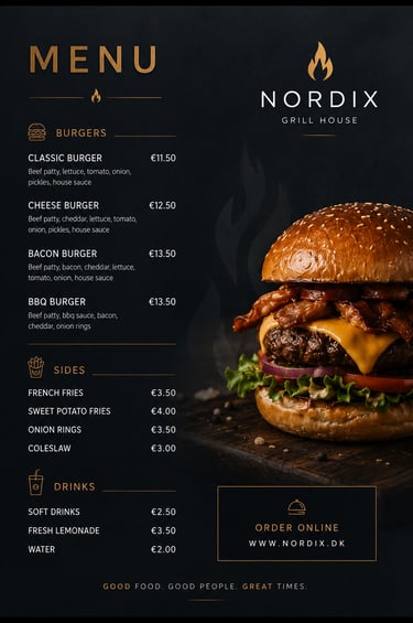 Modern black and gold burger restaurant menu design for Nordix Grill House featuring gourmet burgers, pricing, drinks 