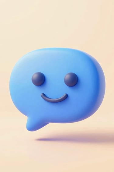 A playful 3D icon of a smiling, rounded chat bubble made of a soft tactile material in #A6D1FF. The lighting is warm and bright, casting a very soft shadow on the background, representing a friendly and open invitation to connect.