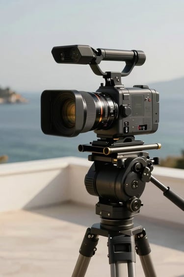 A high-end professional 360-degree video camera rig set up on a minimalist terrace in Bodrum, overlooking the Aegean sea, clean lines, professional lighting, soft mustard yellow and charcoal grey tones, Middle Eastern / Turkish coastal aesthetic.