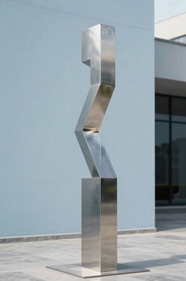 Detalle de una escultura vanguardista de metal pulido situada en un patio minimalista de diseño arquitectónico moderno. La pieza refleja el cielo azul pálido y las líneas limpias de la arquitectura circundante. Composición sofisticada y minimalista en un entorno urbano elegante de Latinoamérica.