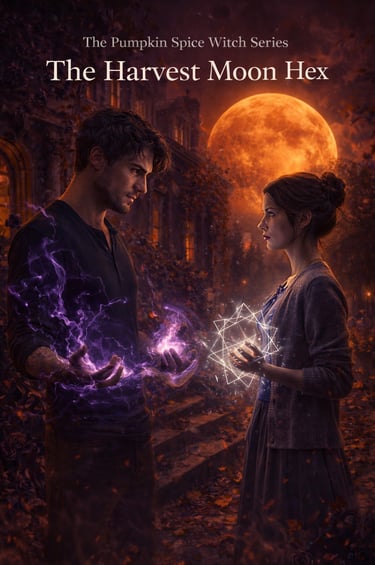 Fantasy book cover for The Harvest Moon Hex showing a witch and wizard holding glowing magic under a blood moon.