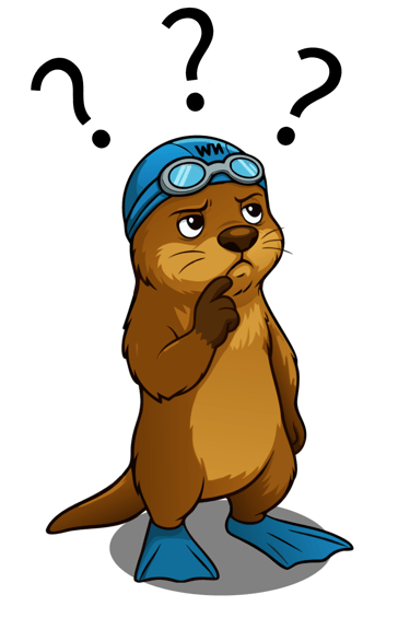 De vrolijke otter mascotte van NextWave zwemschool in Liedekerke met zwembril en badmuts.