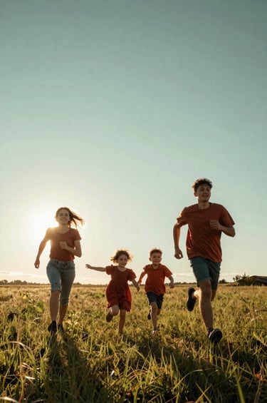 A wide cinematic shot of a young family running through a meadow at golden hour. The sun creates a beautiful flare against the teal green horizon. The subjects are blurred slightly to emphasize movement and joy, with warm terracotta highlights in their clothing.