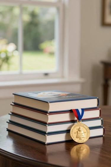 A bright, airy North American interior scene showing a stack of art books and a small academic honor medal on a polished dark brown table. The background is a soft-focus view of a sunny garden through a window against a cream wall.