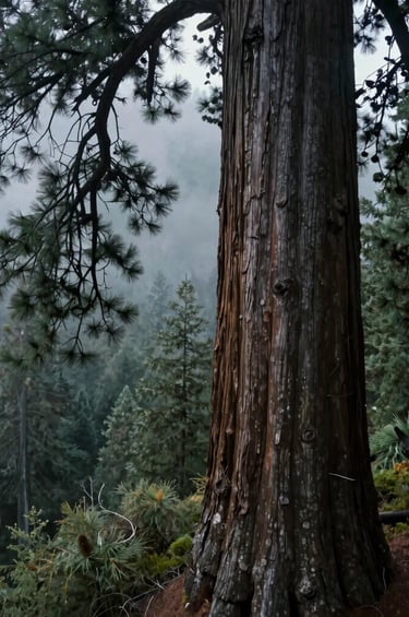 A cinematic aerial side-view of a massive sequoia trunk and thick branches overlooking a misty valley in the US Pacific Northwest. The lighting is diffused and majestic, highlighting the textures of the bark in shades of dark pine and slate gray.