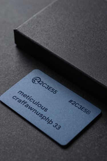 A high-end, cinematic close-up of a premium embossed business card and a minimalist matte black packaging box. Soft side-lighting highlights the paper texture and 'meticulous craftsmanship'. The color palette is composed of #2C3E50 and #8D9FB5, reflecting a futuristic, professional design studio vibe.
