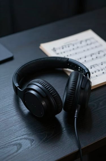 A pair of high-fidelity headphones resting on a dark, minimalist wooden desk next to a blurred orchestral music score. The lighting is low-key and dramatic, using deep black and medium blue tones. International / Global professional studio setting.
