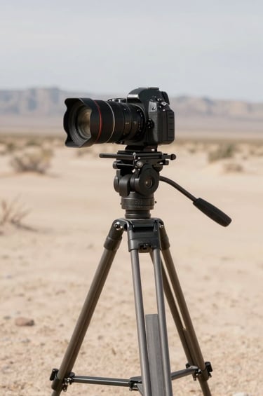 A professional medium shot of a high-end camera setup on a tripod standing in the middle of a desert land parcel in Northeast Nevada. The background shows the immense distance of the horizon. The lighting is crisp, highlighting the professional equipment and the rugged elegance of the environment in tones of dark brown and off-white.
