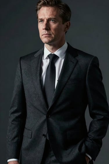 A powerful, cinematic portrait of Frank Artus in a dark, tailored suit. He is looking off-camera with an expression of thoughtful leadership. The lighting is dramatic (chiaroscuro style) with deep shadows and #D4C1A5 highlights against a #1A1C20 studio backdrop.