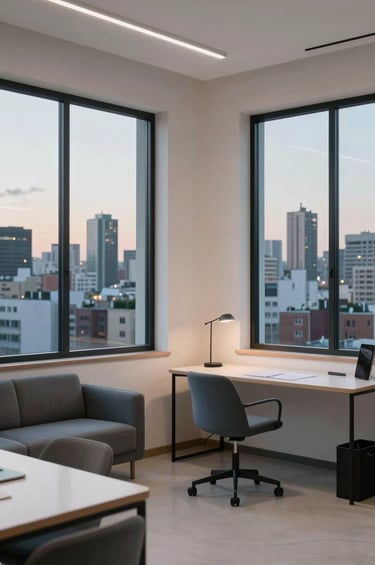 A minimalist and stylish interior of a Latin American / Hispanic creative agency. Large windows show a city silhouette at dusk. The room features grey blue furniture and clean off-white walls, emphasizing a professional and visual-driven workspace.
