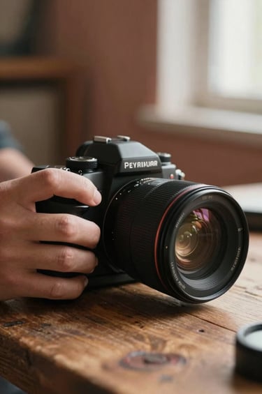 Close-up detail of a photographer's hand adjusting a professional camera lens on a rustic wooden table in a sunlit studio. Cinematic depth of field, warm and authentic atmosphere with subtle charcoal accents. European interior style with a hint of warm terracotta light filtering through a window.