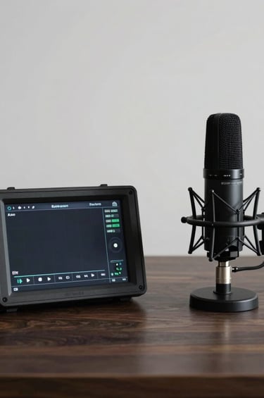 A minimalist still life of a high-quality field monitor and a professional microphone on a dark wood table in a Brazilian production house. The composition is clean and modern, using a monochrome palette of blacks and greys.