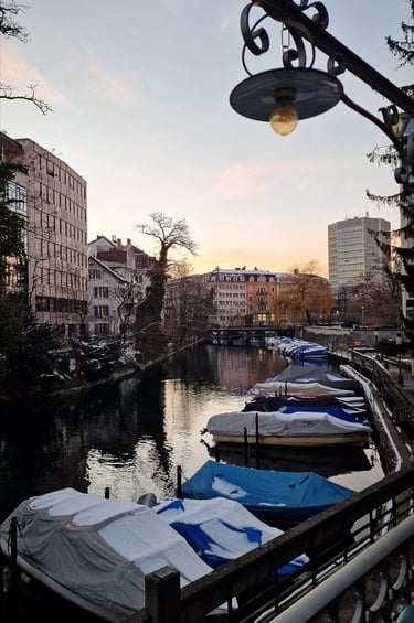 Background image of Switzerland with boats and buildings in the background