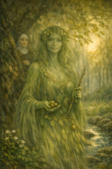 Hildegard of Bingen (nun) stands beside Hazel, embodying viriditas, sacred wisdom, and the breath of living knowledge.