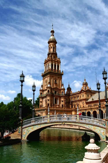 Plaza de España in Seville, Spain with canal, bridge and historic architecture