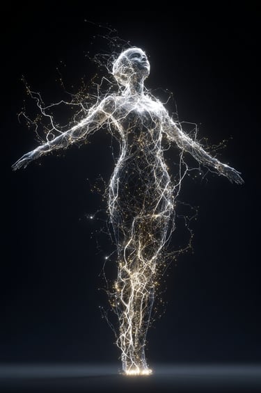 corps de femme traversé par des courants énergétique lumineux sur fond noir.