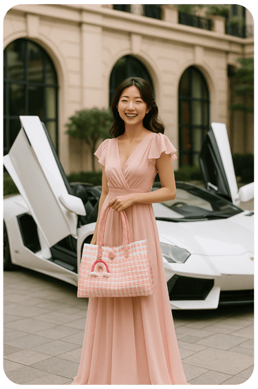 Woman carrying a pink handwoven tote bag handmade from recycled plastic by Craftvitas Indonesia