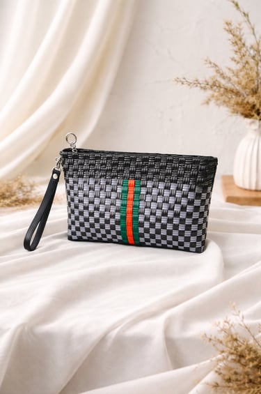 Handmade woven plastic clutch bag black and grey with green red stripe accent by Craftvitas Indonesia