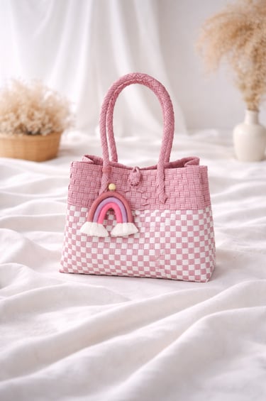 Handmade recycled plastic woven bag dusty pink combination eco friendly tote for women Craftvitas Indonesia