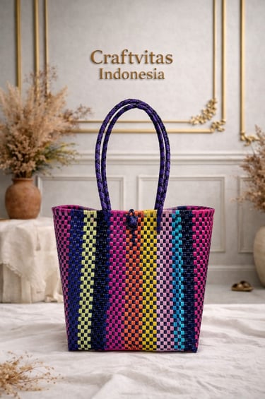 Multicolor handwoven plastic tote bag with vertical stripe batik pattern, handmade woven bag from Indonesia
