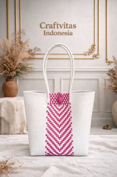 Handwoven plastic tote bag with Indonesian batik chevron pattern in white and pink, eco friendly handmade handbag