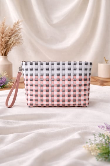 Handwoven recycled plastic clutch bag pink grey checkered pattern handmade from Indonesia