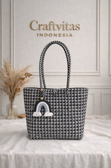 Black and white woven plastic tote bag Sekar series handmade recycled artisan bag Indonesia