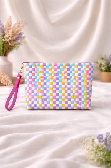 Colorful pastel handwoven plastic clutch bag checkered pattern handmade Indonesian craft