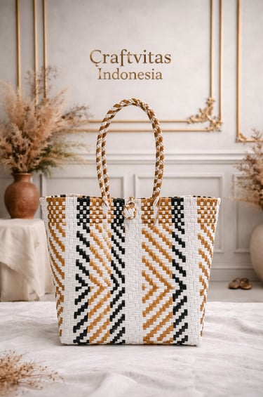 Eco friendly handwoven plastic tote bag with Indonesian batik zigzag pattern in white brown and black