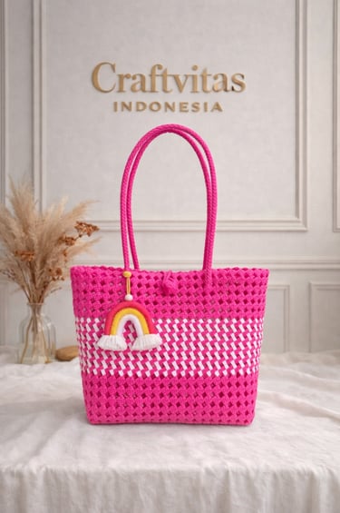 Pink combination woven plastic tote bag Sekar series handmade eco friendly artisan bag