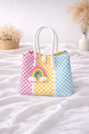 Handmade woven plastic tote bag pink yellow blue combination colorful design