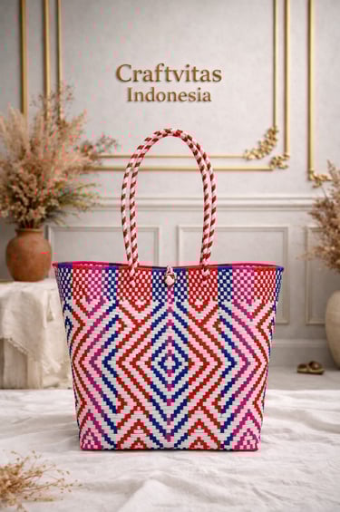 Handmade plastic woven tote bag featuring Indonesian batik diamond pattern in red blue and white