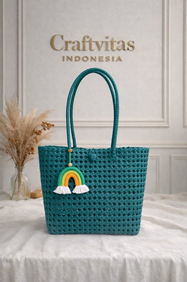 Tosca green woven plastic tote bag Sekar series handmade recycled fashion bag Indonesia
