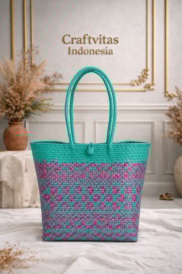 Handwoven plastic tote bag with Indonesian ethnic batik pattern in teal and pink, eco friendly handbag