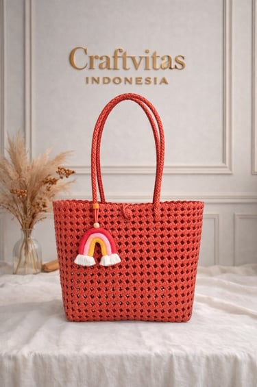 Brick red woven plastic tote bag Sekar series handmade recycled plastic handbag