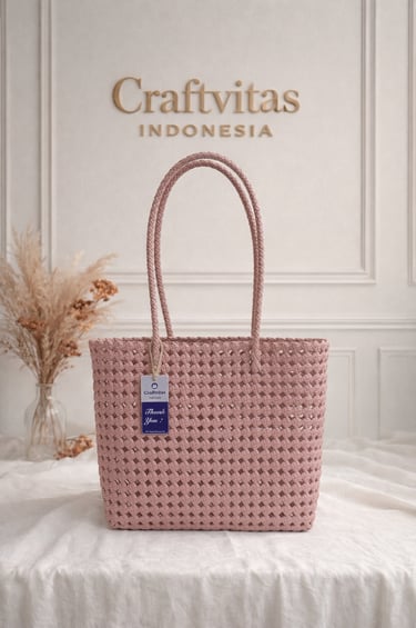 Handmade woven plastic tote bag Sekar series dusty pink color, recycled plastic artisan bag Craftvitas Indonesia