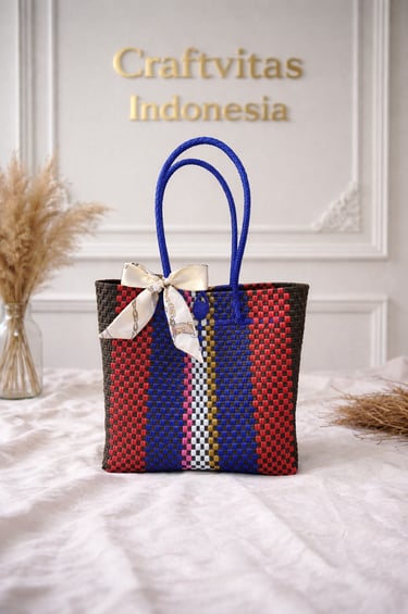 Colorful rainbow handwoven plastic bag black blue red pattern handmade Craftvitas Indonesia