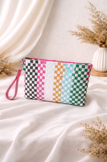 Handmade multicolor pastel woven plastic clutch bag eco friendly by Craftvitas Indonesia