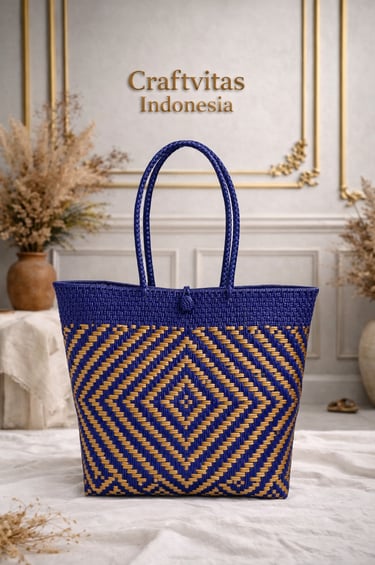 Handmade batik plastic woven tote bag in navy blue and brown diamond pattern, eco friendly Indonesian craft by Craftvitas