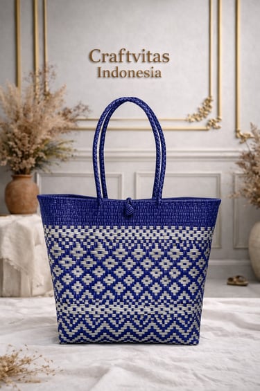 Handmade batik plastic woven tote bag with blue and white geometric pattern, Indonesian handmade bag by Craftvitas