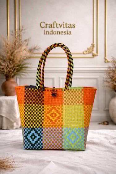Handmade multicolor batik plastic woven tote bag with patchwork pattern, eco friendly artisan bag from Craftvitas Indonesia