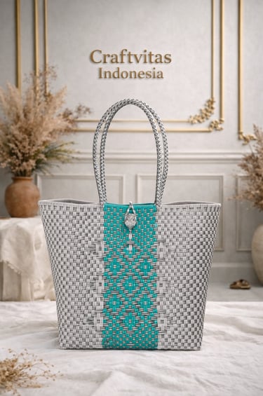 Handmade batik plastic woven tote bag in grey and turquoise minimalist pattern, sustainable Indonesian tote bag by Craftvitas
