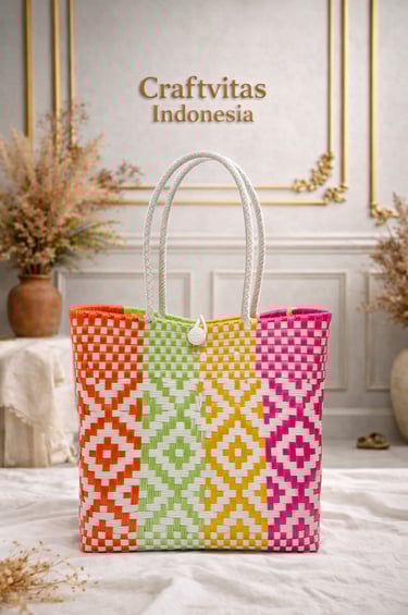 Handmade white multicolor batik plastic woven tote bag with diamond motif, eco friendly Indonesian craft by Craftvitas